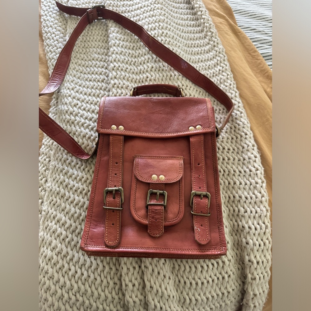 Hand stitched leather and canvas bag